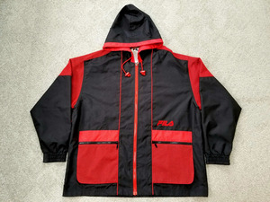  excellent ~90s Vintage FILA filler switch outer black red M making largish L size rank // nylon jacket Parker 