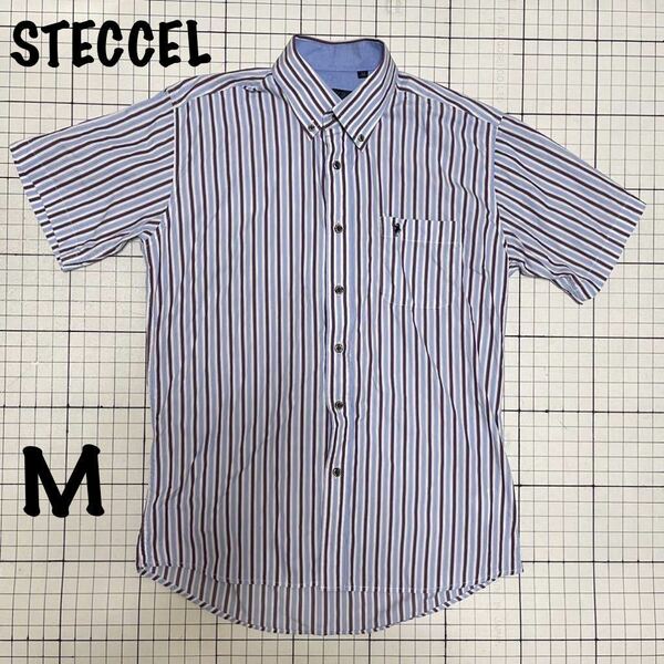 良品【STECCEL】ボタンダウン半袖シャツ ポケット ロゴ刺繍 ストライプ Mサイズ ブルー×パープル×ホワイト/青紫白 ロゴボタン オシャレ♪