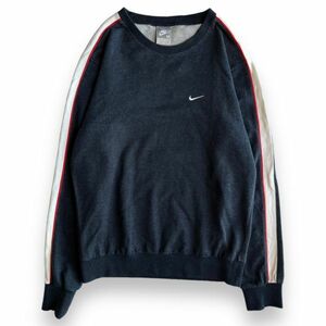 NIKE ナイキ 刺繍 スウォッシュ ロゴ ライン スウェット トレーナー 裏パイル クルーネック コットン トップス カットソー M ネイビー系