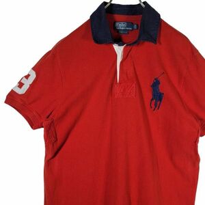 POLO RALPH LAUREN ポロラルフローレン ポロシャツ ラガーシャツ ナンバリング 3 半袖 デカロゴ刺繍 Lサイズ 赤 レッド 匿名配送
