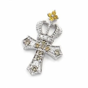 .. genuine . beautiful total 0.15ct diamond pendant top K18WG total 0.05ct yellow sapphire .. motif Cross white gold used free shipping 