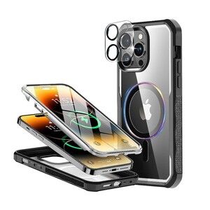 y080806m WEIYUN iPhone 14 Pro Max 用 ケース 透明強化ガラス　柔軟TPUフレーム　磁石内蔵　全面保護　ブラック　クリア