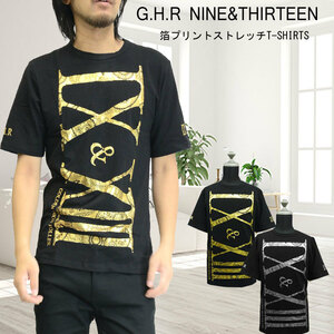 【G.H.R　NINE&THIRTEEN】ペイズリー柄縦ロゴプリント半袖ストレッチTシャツ【70738】新品ブラックxゴールドM