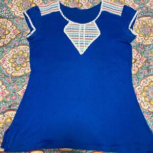 70's vintage Vintage race T-shirt knitting hipi- slit A line flower power rhinoceros ketelik80's