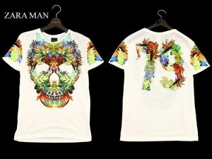 ZARA MAN ザラ マン 春夏 【スカル ナンバリング リーフ プリント】 半袖 カットソー Tシャツ Sz.S　メンズ 白　C3T06826_7#D