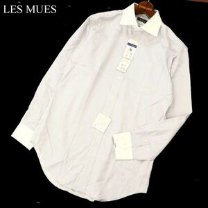 LES MUES レミュー 通年 ノンアイロン★ 長袖 ストライプ クレリック Yシャツ Sz.M　メンズ 白 × グレー　C3T06737_7#C