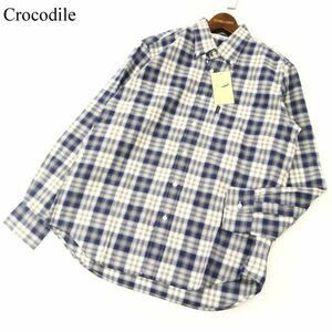 【新品 未使用】 Crocodile クロコダイル 通年★ 長袖 ボタンダウン チェック シャツ Sz.M　メンズ ネイビー グレー 白　C3T06814_7#C