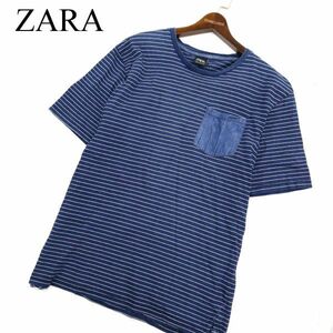 ZARA ザラ マン 通年 現行タグ★ インディゴ 半袖 ボーダー ポケット カットソー Tシャツ ポケT Sz.XL　メンズ 紺 大きい　C3T06912_8#F