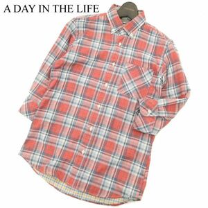 A DAY IN THE LIFE ユナイテッドアローズ 春夏 7分袖 チェック★ ボタンダウン シャツ Sz.S　メンズ 赤 日本製　C3T06969_8#A