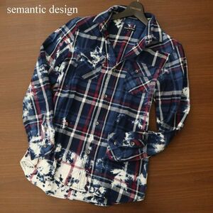 semantic design セマンティック デザイン 通年 ブリーチ加工★ 長袖 ワーク インディゴ チェック シャツ Sz.M　メンズ　C3T07187_8#C