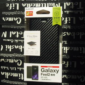 Galaxy Feel2 SC-02L ソフトレザーカバー 薄型 磁石付 カーボン調 ブラック 横開タイプフラップ カードポケット付 スタンド機能付 ELECOM