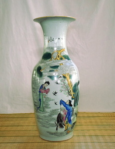 景徳鎮 陶磁器 大きな花瓶 壺 高さ約60㎝ 彩色 図柄 花器 飾壺 美術 インテリア 【b1-t-176】