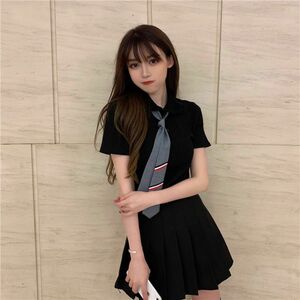 韓国 制服 セットアップ スクール プリーツスカート ネクタイ リボン コスプレ シンプル XL ブラック