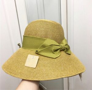 UVカットつば広麦わら帽子 カーキ、黄緑色日焼け対策 日除け 紫外線対策