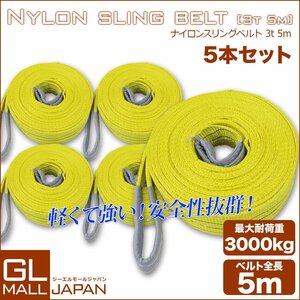 ★送料無料　ナイロンスリングベルト 3000kg 5m ベルトスリング スリングベルト 荷上げ 耐荷 3t 5m 5本セット 玉掛け 吊上げ ロープ 牽引