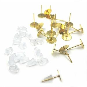 平皿8mm ピアスピン ピアスキャッチ 各20個セット 10ペア ゴールド 金 樹脂 シリコン パーツ ポストピン 落ちない kspts