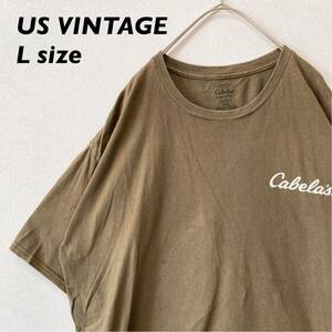 US古着　半袖Tシャツ　カットソー　バックプリント　カーキ色　男女兼用　Lサイズ　大きいサイズ　ユニセックス　プリントロゴ