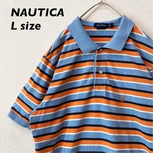 ノーティカ　半袖ポロシャツ　ラガー　ボーダー　刺繍ロゴ　男女兼用　Lサイズ　大きいサイズ　ユニセックス　NAUTICA ゴルフウェア