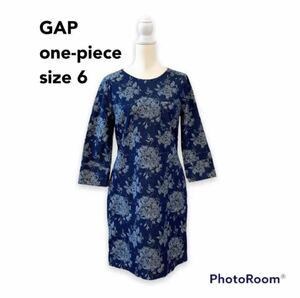 GAP ギャップ　ミモレ丈　膝丈ワンピース　総柄　花柄　薔薇　デニム風　長袖