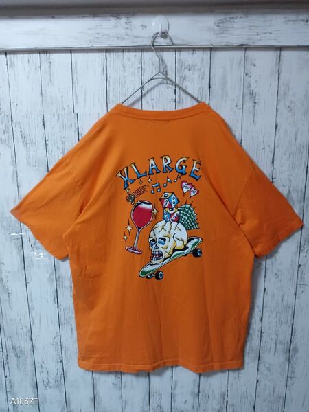 エクストララージ Tシャツ Lサイズ オレンジ スカルデカロゴプリント