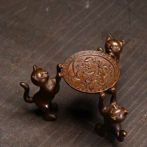 超！かわいい 　　極美古銅煎茶道具 質感 細工実感銅製三匹の子猫置物　蓋置