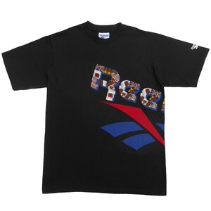 未使用 '80s Reebok リーボック 半袖 ロゴプリント Tシャツ L 大きめ ヴィンテージ 黒 ブラック USA 米国製 アメリカ 国旗 日本 イギリス