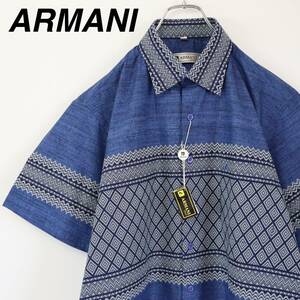 【新品】ARMANI　アルマーニ　総柄シャツ　半袖　ブルー　青色　Mサイズ　刺繍ロゴ　イタリア　ボタンダウン　メンズ　タグ付き　未使用品