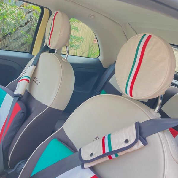 No.208 FIAT500 ヘッドレストカバー4点　シートベルトカバー２点セット　ハンドメイド　おまけ付き