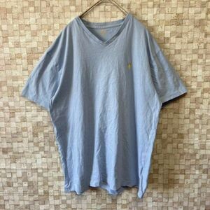 古着 ラルフローレン ワンポイント刺繍 Vネックtシャツ くすみブルー 水色 M