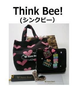 《送込》(Y18)【Think Bee!（シンクビー）】三つ折り財布(プレゼント柄) 小銭入れ付　9.5×8.5㎝　布バッグ付(ハート柄)　2回ほど使用