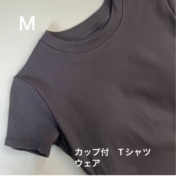 M ヨガウェア　Tシャツ　パットつき　カップ付き　グレー　半袖　裾ラウンド　トップス　ウェア　ヨガ　ピラティススポーツファッション