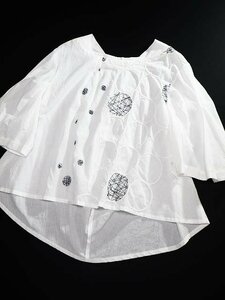 ☆美品2022☆慈雨センソユニコ/綿100%サークル刺繍使い7分袖ブラウス:40/白系yt007