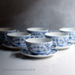 ほぼ 未使用 美品 ロイヤル コペンハーゲン ブルー フルーテッド フルレース ティー カップ ソーサー 6客 セット ROYAL COPENHAGEN