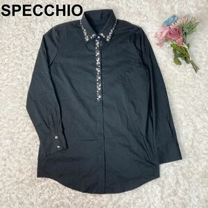 美品 SPECCHIO スペッチオ シャツ 長袖 ビジュー 装飾 ブラック L レディース B82308-61
