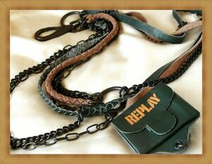 *REPLAY/li Play * dark green with pocket * leather / leather & chain MIX* gorgeous 7 ream chain belt *28