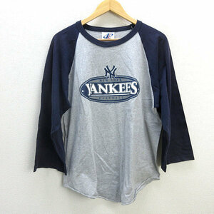 y■メキシコ製■ニューヨークヤンキース/YANKEES ラグランカットソー/7分袖丈■灰/紺【XL】MENS/70【中古】