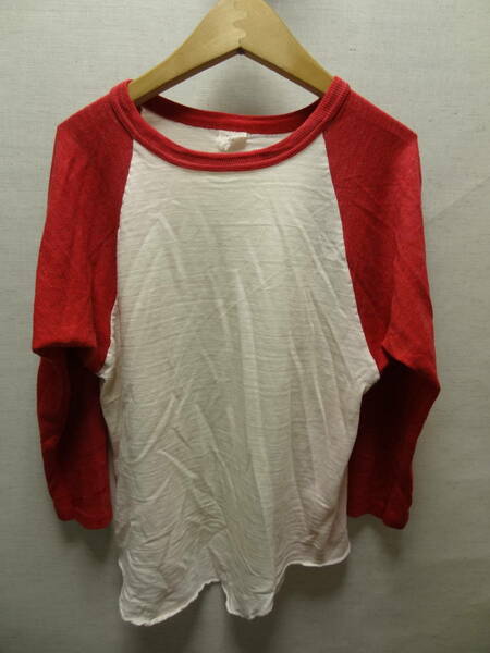 全国送料無料 アメリカ USA古着 80年代 赤色X白色 ブランド不明 たぶんMADE IN USA 七分袖 ベースボールTシャツ メンズ M ④