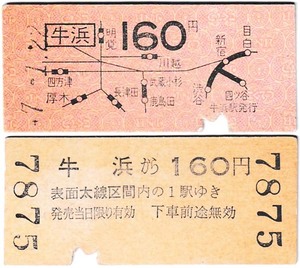 国鉄　地図式乗車券　£144　昭和*7年　牛浜　→　160区間　