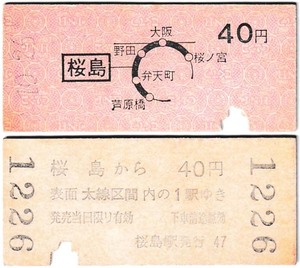 国鉄　地図式乗車券　£135　昭和**年　桜島　→　40区間　