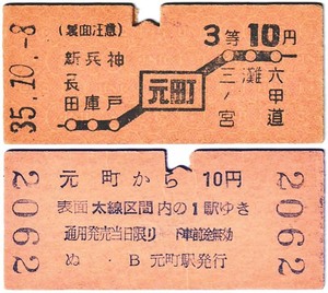 国鉄　地図式乗車券　£114　昭和35年　元町　→　10区間　３等