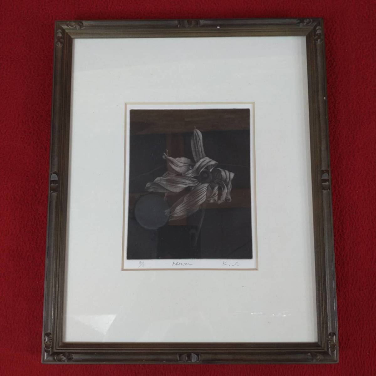 ① K.櫻本 K.SAKURAMOTO FLOWER シルクスクリーン 3/5 額装 版画 静物画 絵画 直筆サイン入り 壁掛け インテリア オブジェ, 美術品, 版画, シルクスクリーン