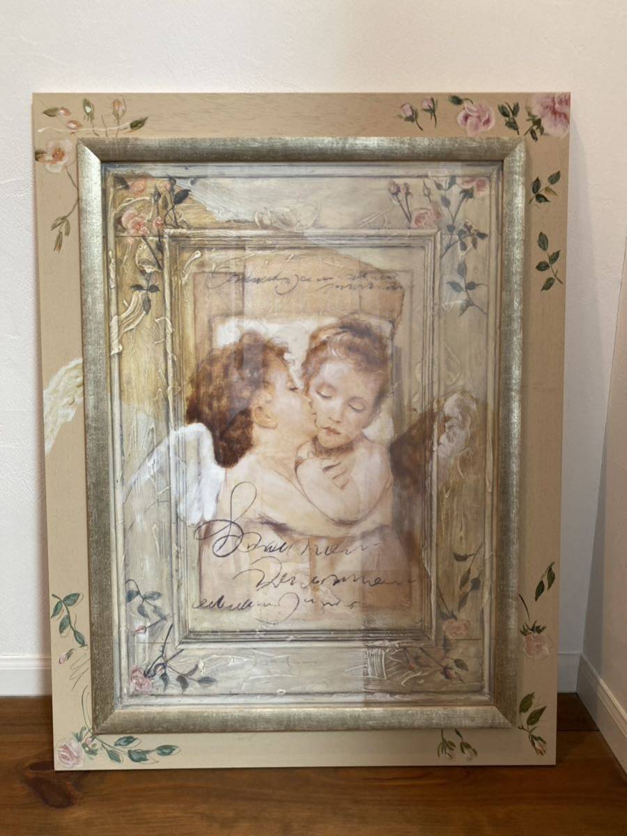 Angel Painting Made in Italy Antique Wooden Frame [William Bouguereau First Kiss] Art Frame Reproduction, artwork, painting, others