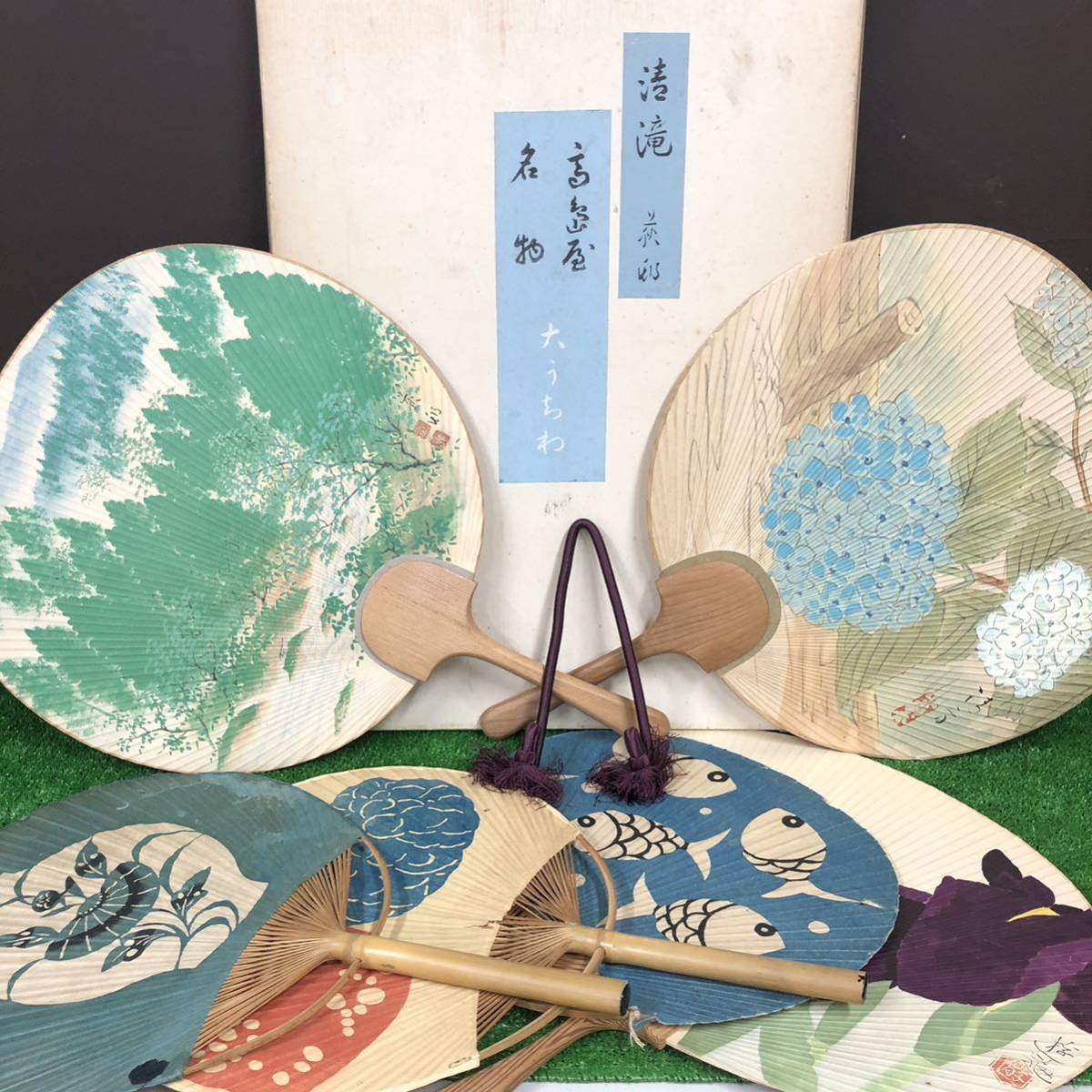 E まとめ高島屋名物大うちわ6枚セット宇田荻邨先生筆うちわ立て付箱付