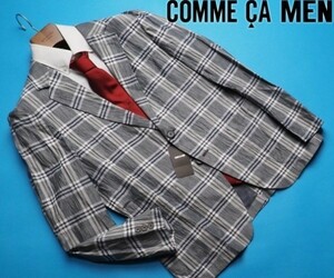 新品定価4.7万円 COMME CA MEN コムサメン 春夏 楊柳 リネンチェック ジャケットL灰(04) 15JY16