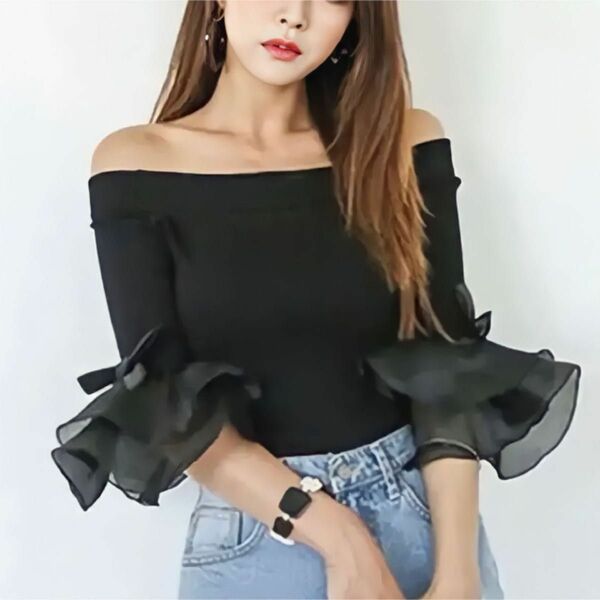ダバガール シフォンフレアカフスオフショルニットソー 韓国 トップス 黒 リボン フリル 韓国ファッション