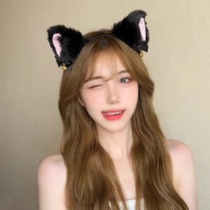 猫耳　カチューシャ　リボン　鈴　耳付き　ブラック　黒　ヘアアクセサリー　ヘアクリップ　バレッタ　韓国　オルチャン　ヘアアクセ