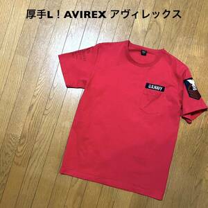 厚手Lサイズ！AVIREX アヴィレックス 古着半袖Tシャツネイヴァル パッチクルーネックポケット付きTシャツ 赤6163356