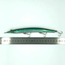 103234　大型サイズ　ぶっ飛びリアルベイト　サヨリ型　シンキングペンシル　60g　エメラルドグリーンホロ　ヒラマサ　ブリ　シイラ_画像6