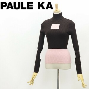 美品◆PAULE KA ポールカ メリノウール バイカラー タートルネック リブニット セーター ダークブラウン×ピンク S