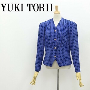 ◆YUKI TORII ユキトリイ 千鳥柄 デザインボタン タック ノーカラー ジャケット ブルー×ブラック 9